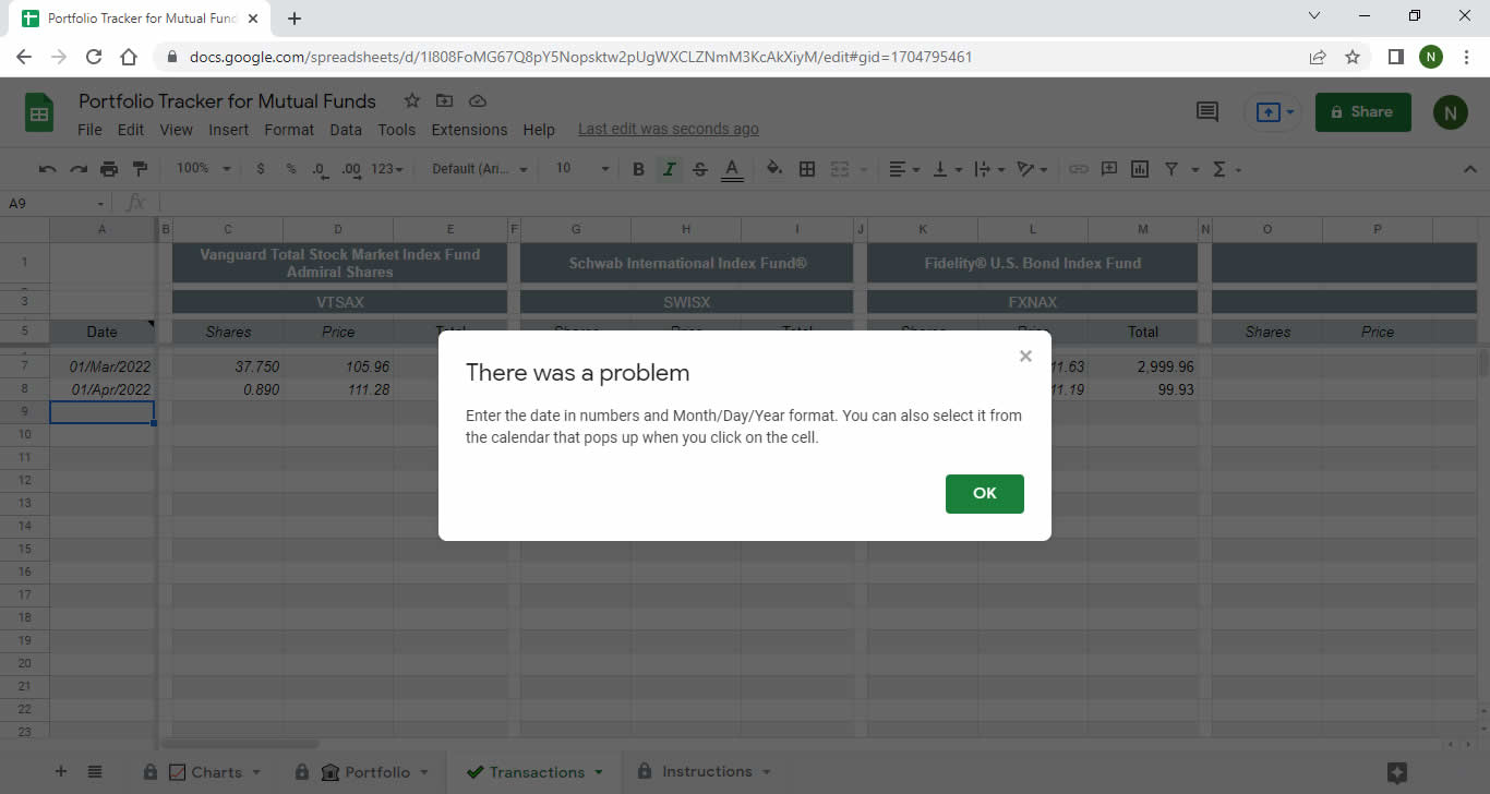 Error message when entering the transaction date