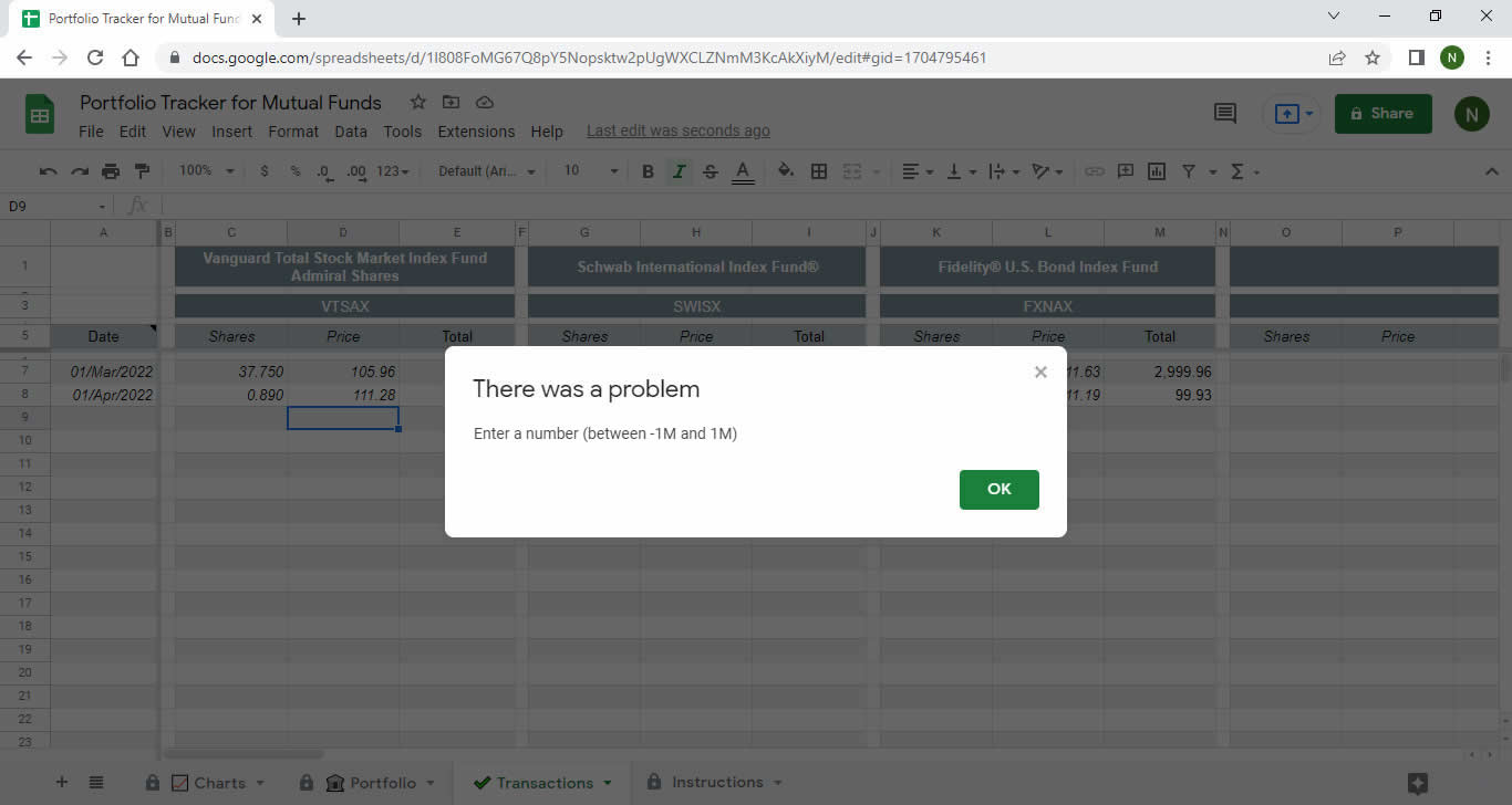 Error message when entering the amount of a transaction