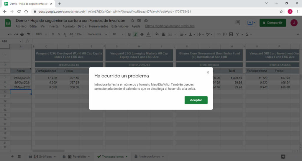 Mensaje del control de errores al escribir la fecha de transacción