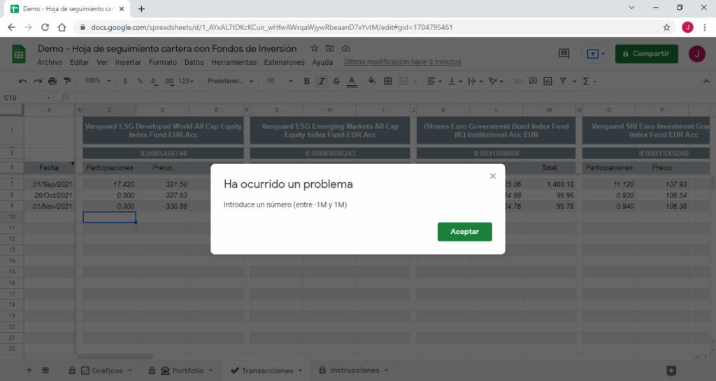 Mensaje del control de errores al escribir la cantidad de participaciones por transacción