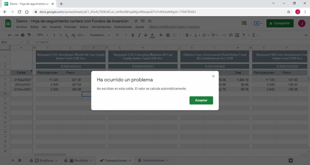 Mensaje del control de errores al escribir el importe total de la transacción