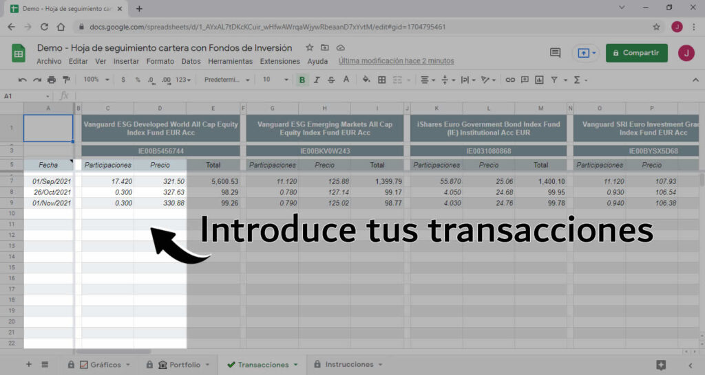 Paso 2: Introduce tus transacciones (cantidad y precio)