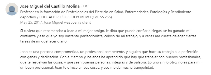 Recomendación en LinkedIn de Mister Habit